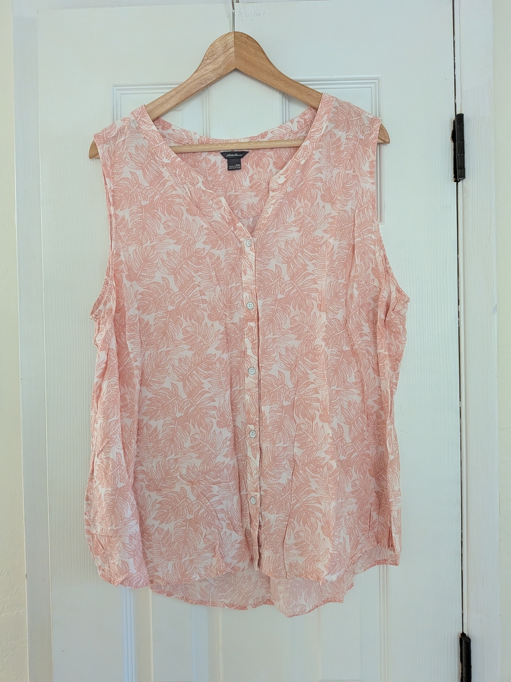 Eddie Bauer Womens Pink Floral Leaf Print Sleeveless Button Up Shirt Top Sz 2XL